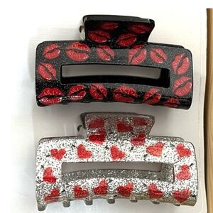 Valentine’s Day Heart Claw Clips | Set of 2 I Black, Silver Glitter, Red Hearts❤